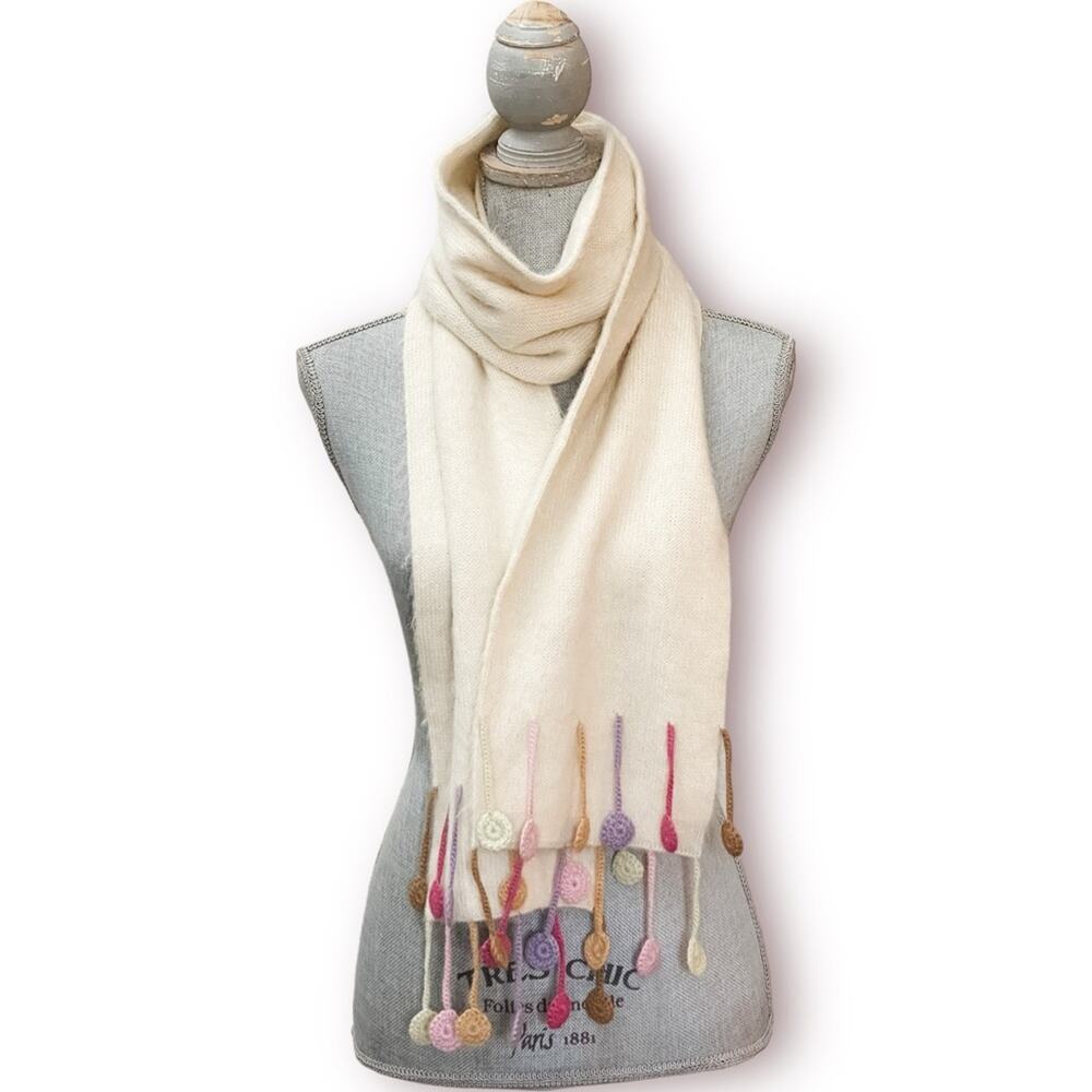 ANYI 100% ALPACA Made in Bolivia Cream SOFT Scarf with Crocheted Tassels
